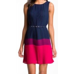 Jessica Howard Accordion Pleat Dress Sz 12 Navy Purple Pink Shift Wedding *Note